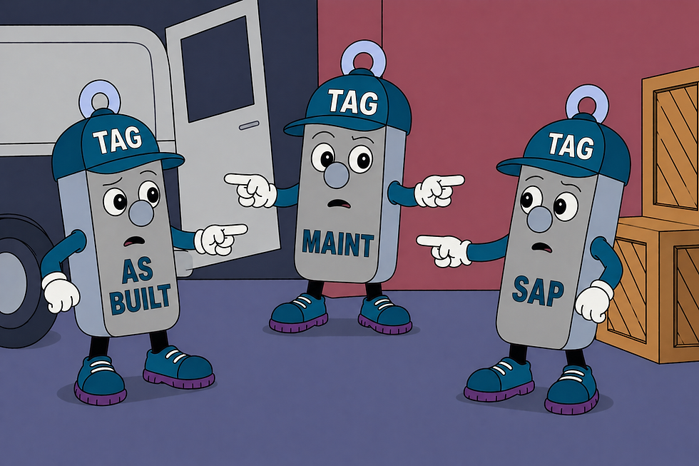 Three cartoon asset tags labelled “AS BUILT,” “MAINT,” and “SAP” point at each other in confusion, all wearing “TAG” hats.