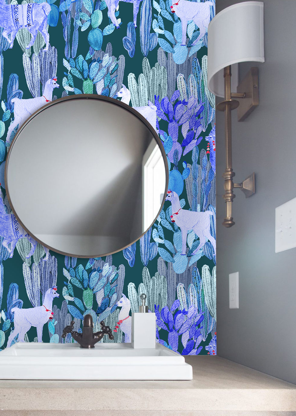 colorful llamas on teal background wallpaper