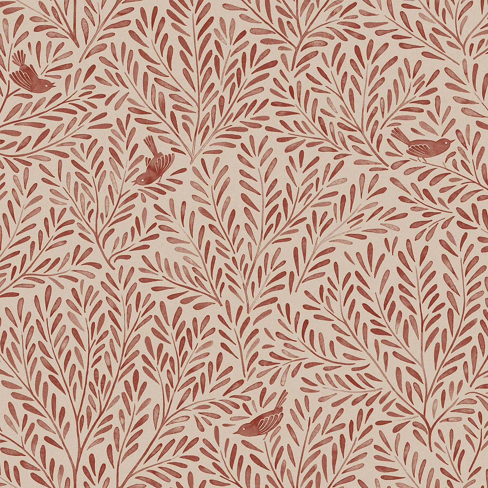 Thumbnail: botanical leaf print with birds small pattern red on beige