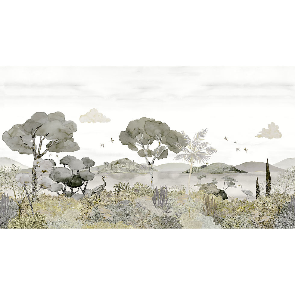 Botanical mural with trees, cranes, water, birds, and clouds