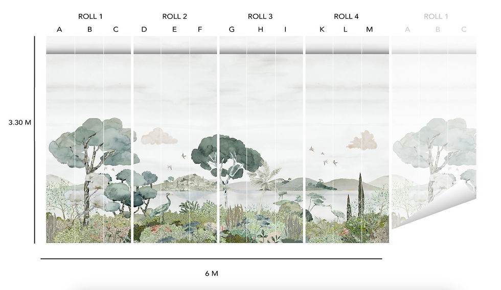 Thumbnail: Botanical mural with trees, cranes, water, birds, and clouds