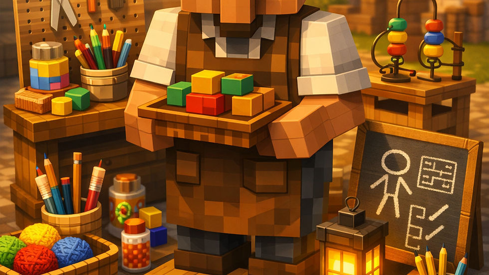 A Minecraft‑style Occupational Therapist villager stands in a cozy village square at sunset, surrounded by colorful craft and sensory items. The villager wears a brown apron and holds a tray of bright blocks. Around them are baskets of yarn, scissors, puzzles, a bead maze, and a small chalkboard with a simple maze drawing. The scene glows with warm light, symbolizing creativity, fine‑motor skill building, and calm support.