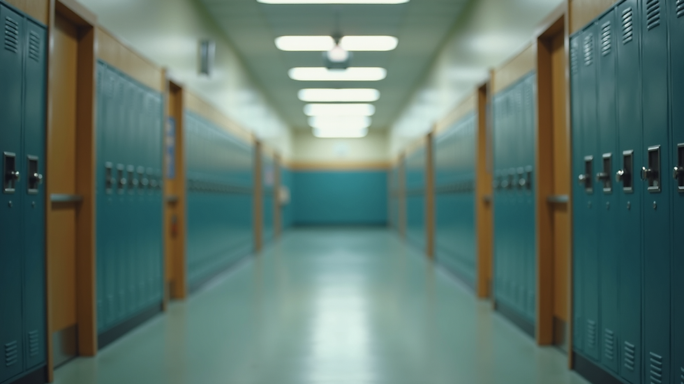 Eye-level view of a school hallway with lockers and classroom doors