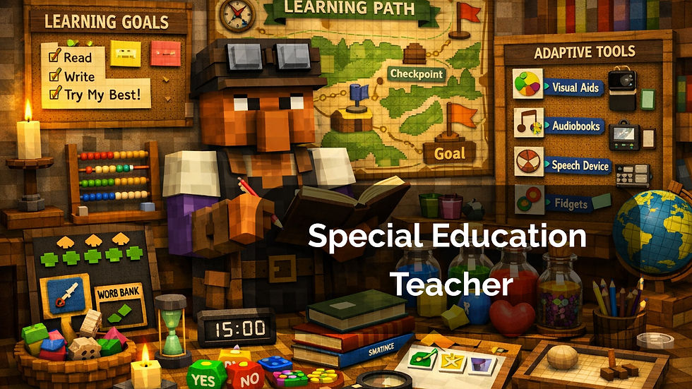 A Minecraft‑style cartographer villager stands in a warm, wood‑paneled classroom holding an open book. Behind him, a “Learning Goals” board lists Read, Write, and Try My Best. A large “Learning Path” map shows a route from Checkpoint to Goal. To the right, an “Adaptive Tools” board displays Visual Aids, Audiobooks, Speech Device, and Fidgets. The desk in front of him is filled with teaching tools: books, a globe, a timer, colorful blocks, YES/NO dice, flasks, and a tablet labeled Word Bank. The scene represents a Special Education Teacher guiding individualized learning paths with adaptive supports and accessible materials.