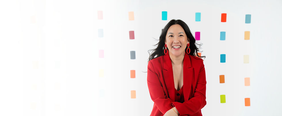 CL Designs-Christine Lieu Guzauskas-Website Homepage Banner-coloured paint chips-red suit.