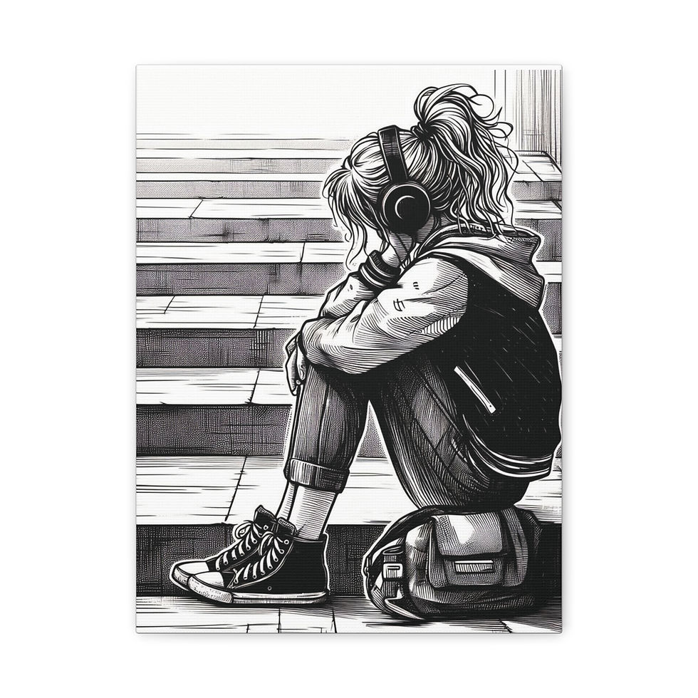 Canvas Print - Girl Listening to Music Sitting on Steps
