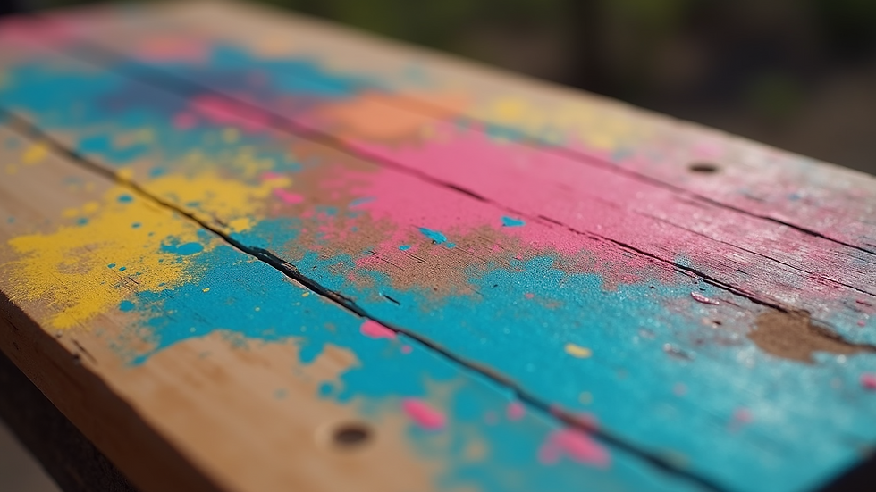 Close-up view of a colorful spray paint artwork on wood with detailed patterns