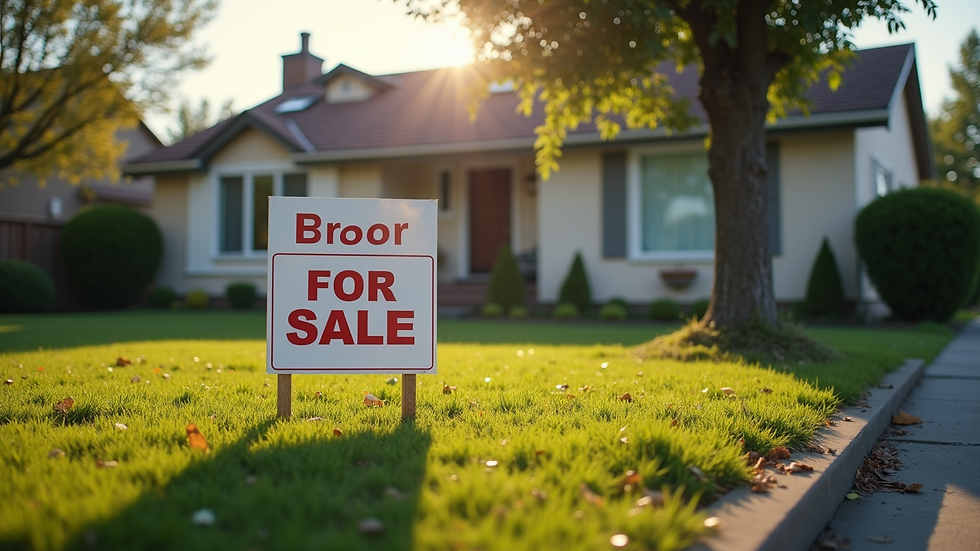 High angle view of a suburban house with a "For Sale" sign