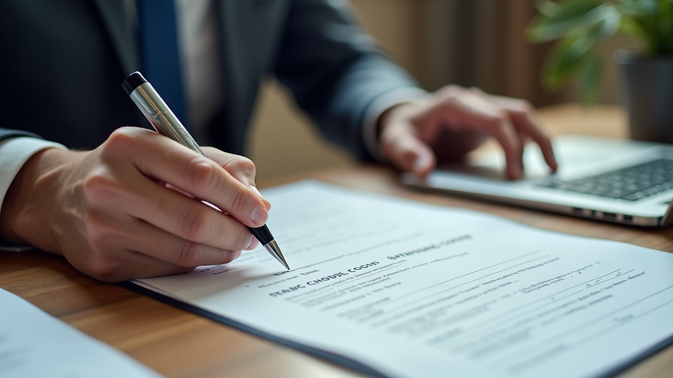 High angle view of a person signing loan documents at a desk
