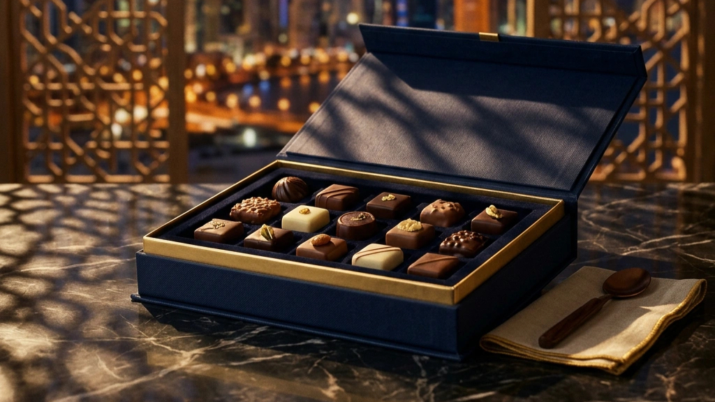 Handcrafted premium chocolates in an open gift box