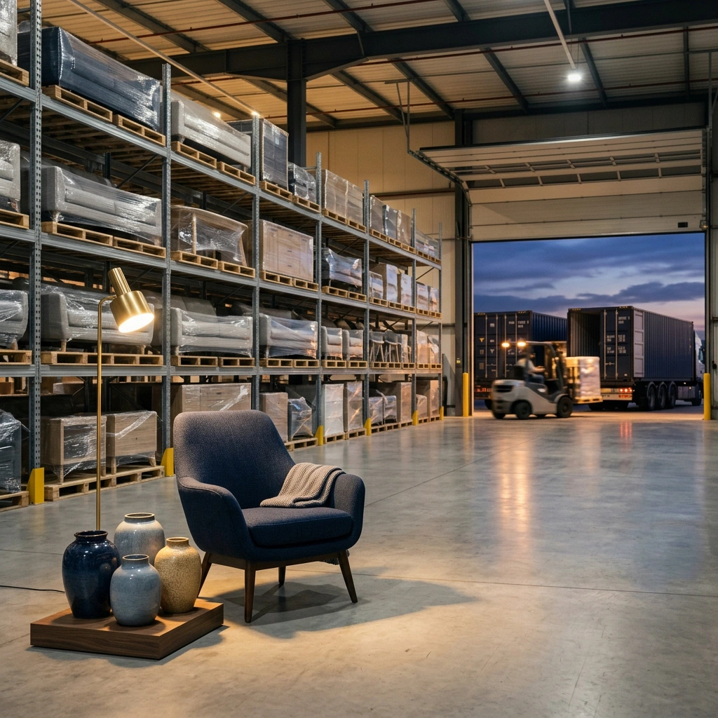 Organised furniture warehouse with ceramic vases