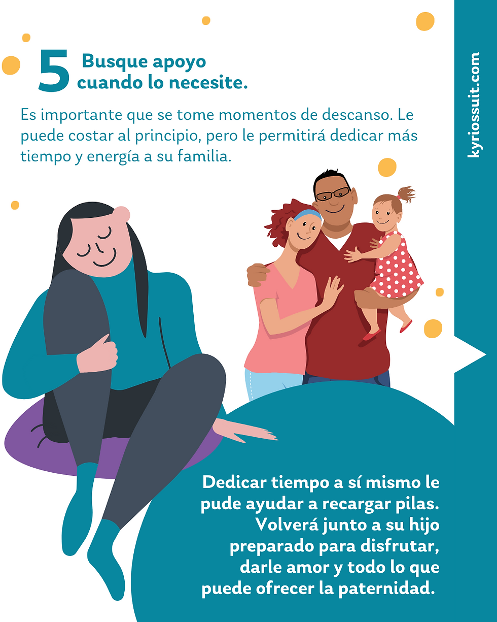 5. Busque apoyo cuando lo necesite. La vida con un niño pequeño que tiene alteración sensorial puede ser agobiante. Por eso, es importante que se tome momentos de descanso y que pida ayuda cuando la necesite. Le puede costar al principio, pero le permitirá dedicar más tiempo y energía a su familia.