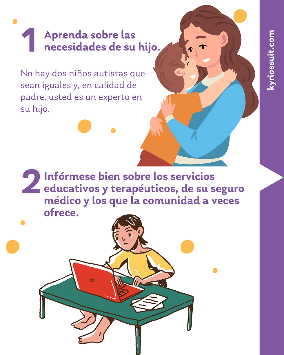 1. Aprenda sobre las necesidades de su hijo. 2. Infórmese bien sobre los servicios educativos y terapéuticos, de su seguro médico y los que la comunidad a veces ofrece.No hay dos niños autistas que sean iguales y, en calidad de padre, usted es un experto en su hijo.