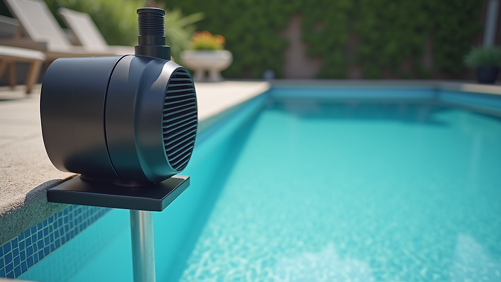Eye-level view of a modern pool pump installed beside a swimming pool
