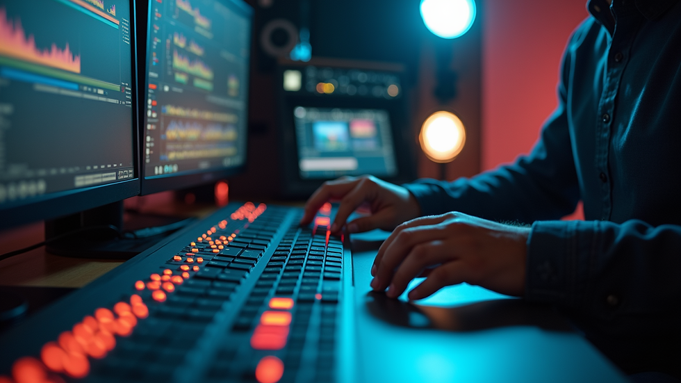 close-up view of a video editor working on a timeline in a professional studio