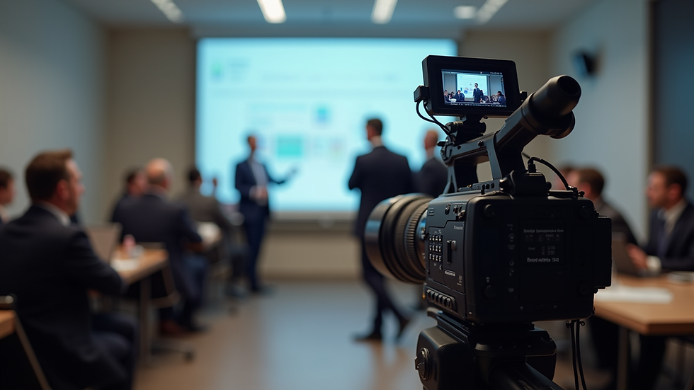 eye-level view of a professional video camera filming a corporate presentation
