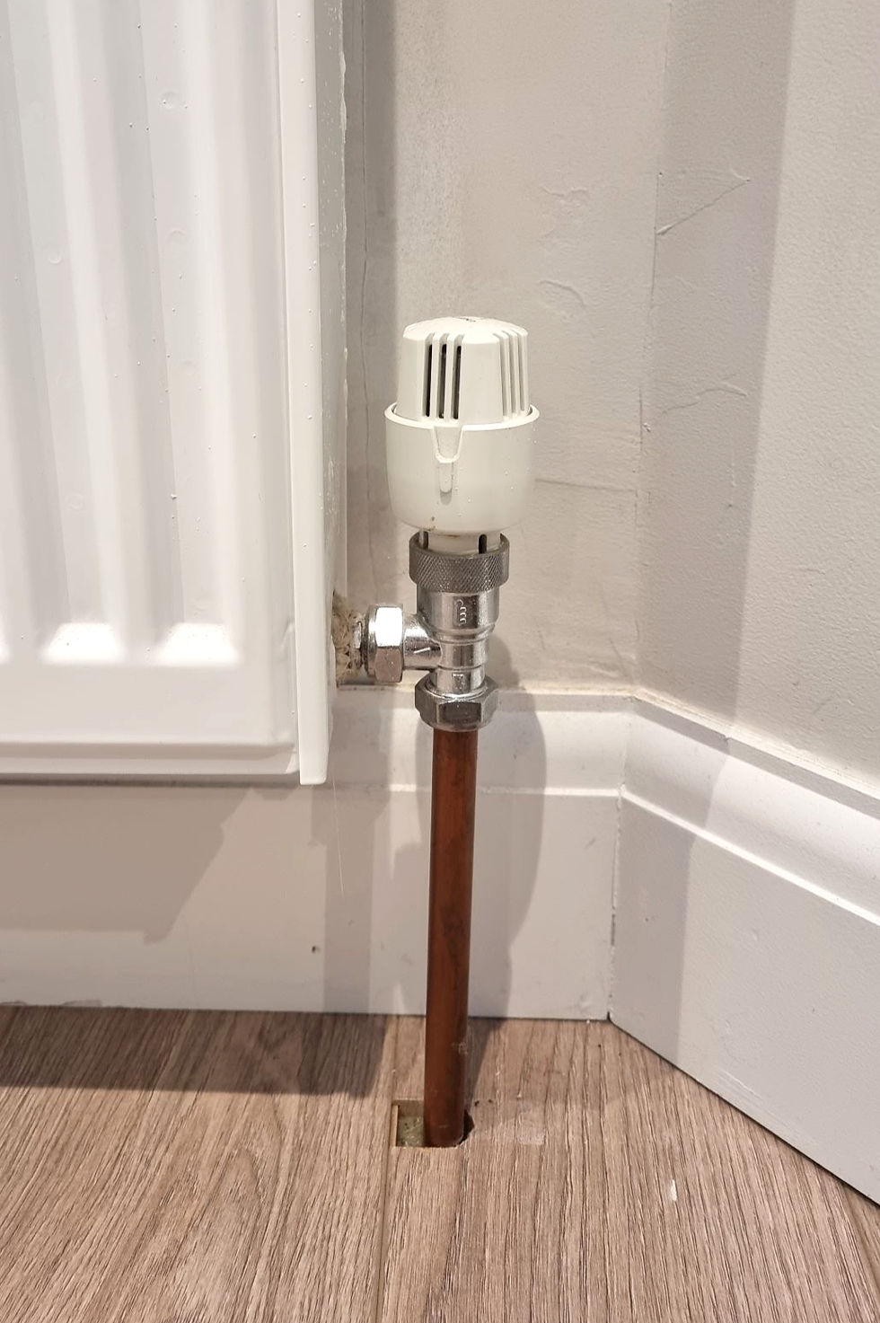 White radiator valve and copper pipe against a gray wall on light wood flooring.