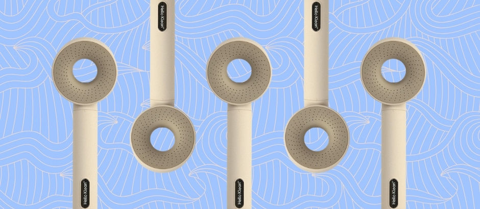 Hello Klean Shower Head 2.0 shown in a repeating pattern, highlighting the minimalist design and circular spray head.
