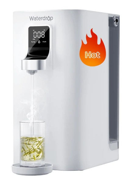 Waterdrop K19 countertop reverse osmosis system dispensing instant hot filtered water into a glass