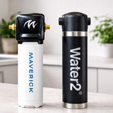 Maverick Mav02 and Water2 Pod 2.0 under-sink water filters side by side on a kitchen worktop