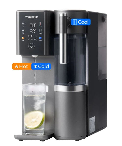 Waterdrop A2 countertop reverse osmosis system dispensing hot and cold filtered water into a glass
