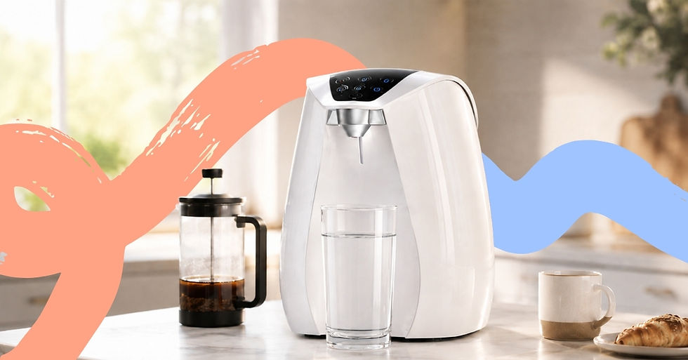 Our Taap countertop water filter dispensing clear drinking water into a glass on a bright modern kitchen worktop.