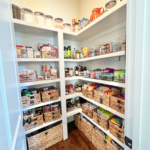 Walk In Pantry Organized with Baskets, Acrylic Bins and Lazy Susan