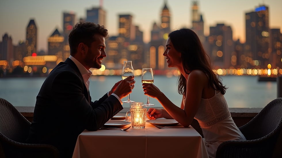 Eye-level view of a couple enjoying a romantic dinner with a city skyline backdrop