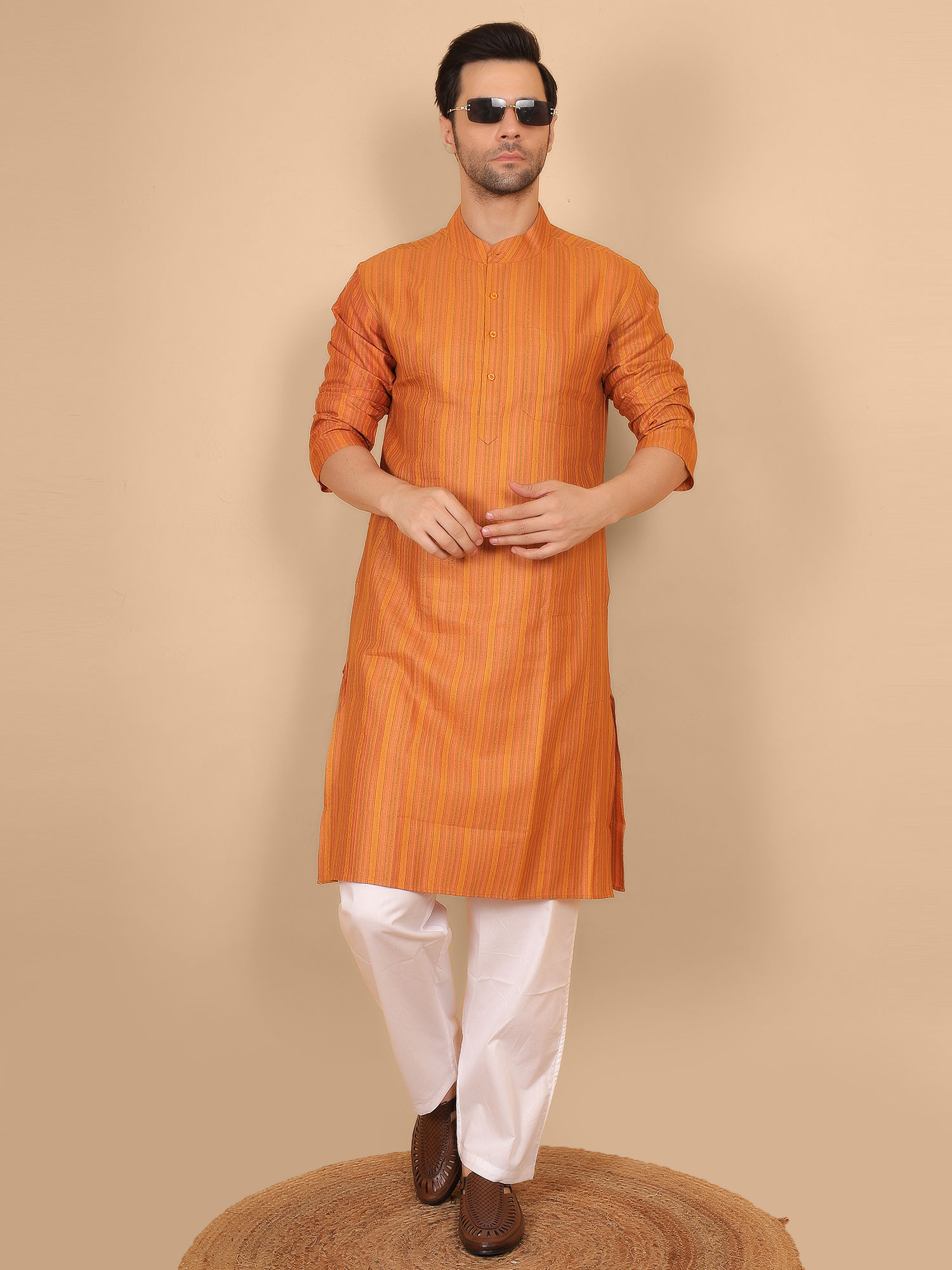 Orange Color Tussar Silk and Natura yarn Kurta