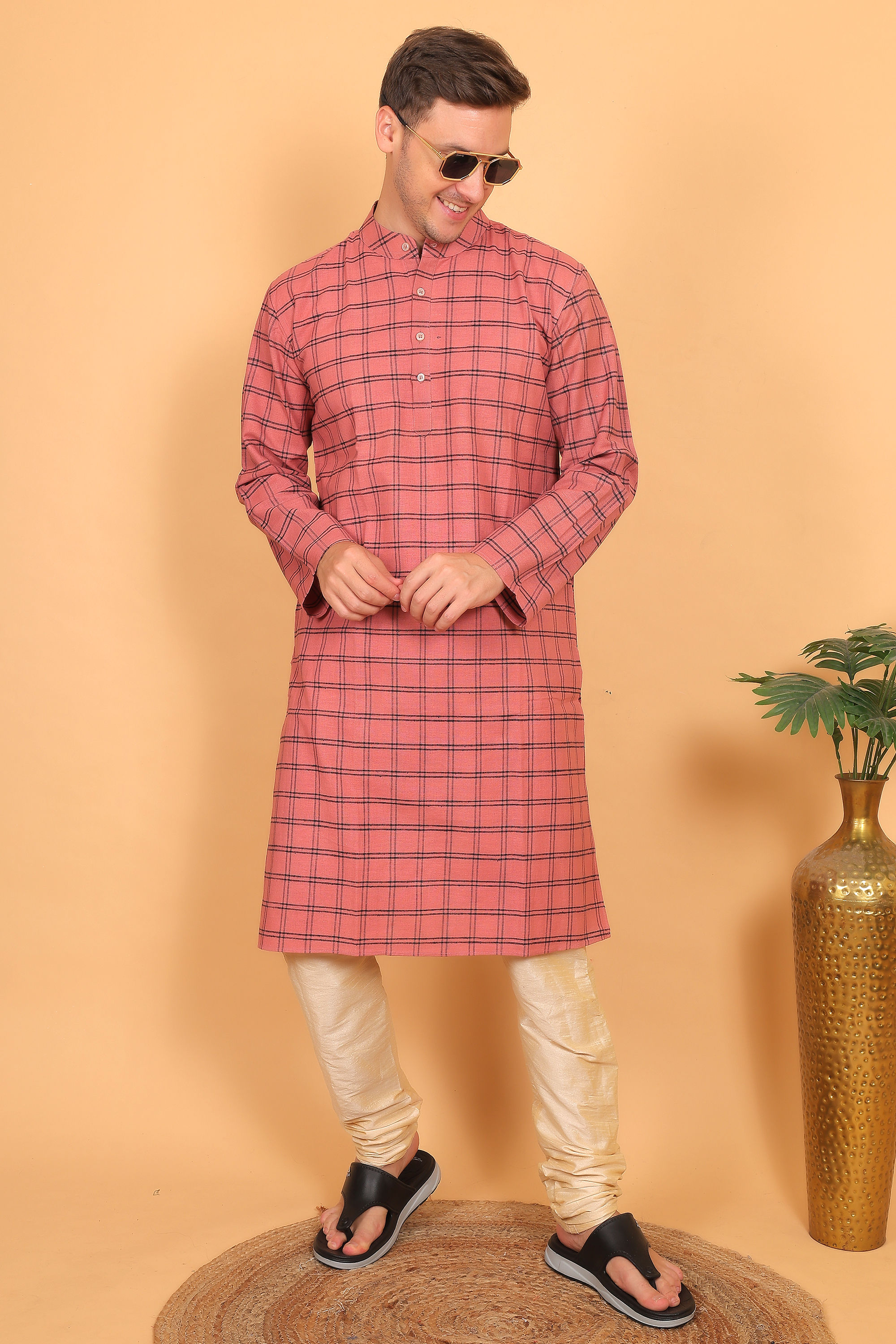 Classic Coral Pink Checked Khadi﻿ Cotton Kurta