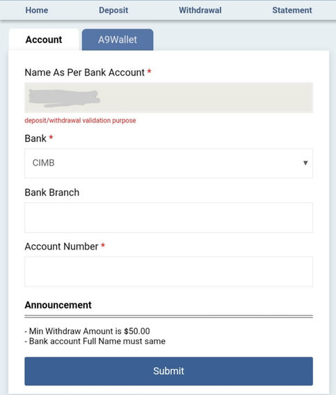 How to make withdrawal on a9play ewallet step 2