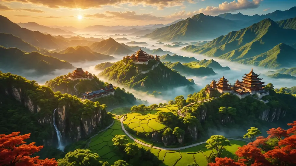 Eye-level view of a vibrant landscape inspired by the world of Monkey King
