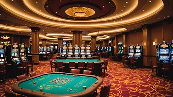 Wide angle view of a vibrant casino floor with colorful table games