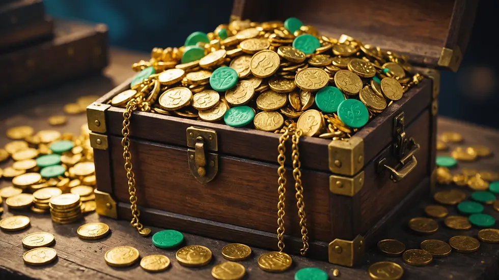 Close-up of a treasure chest filled with gold coins and lucky charms