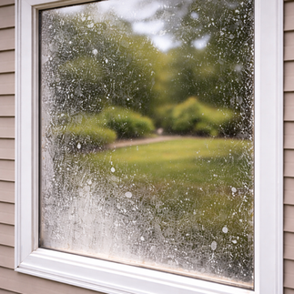 Hard water staining on a suburban Minnesota window.