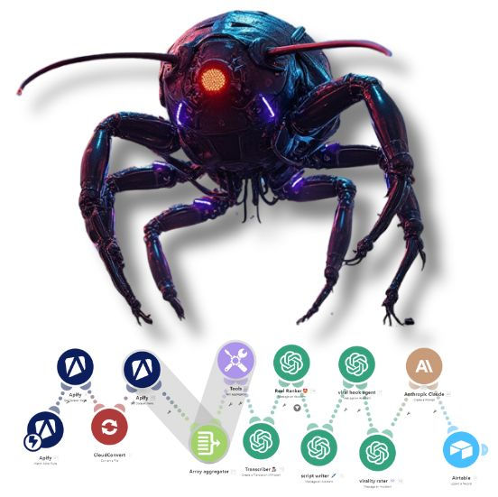 A cybernetic spider with glowing red eye above a visual AI integration workflow diagram.