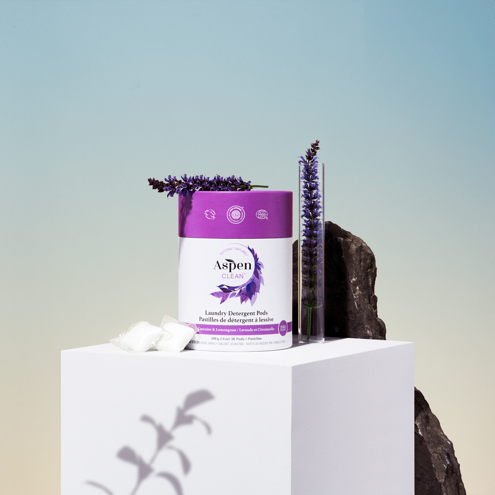 Aspen Clean natural ingredient laundry prods with fresh lavender on box fresh