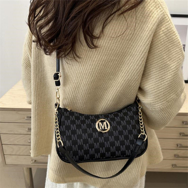 Thumbnail: Vintage Style Handbag Crossbody Bag, Gold Letter 'M' Design Pu Leather Shoulder 
