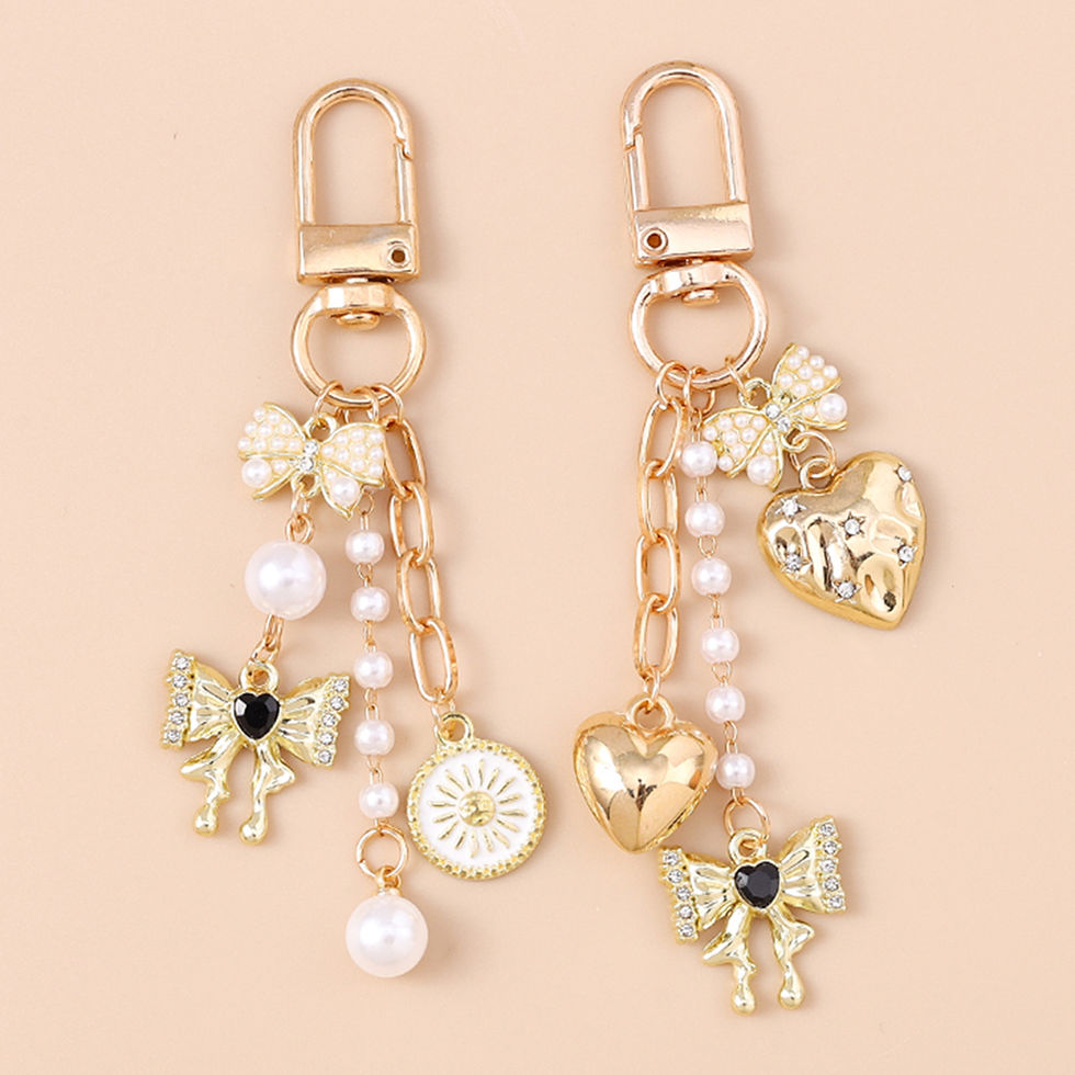 Thumbnail: Cute Bowknot Love Heart Keychain Crystal Pearl Key Ring Pendants for Women Girls