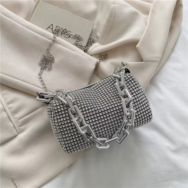 Thumbnail: Allover Rhinestone Bucket Bag, Glitter Chain Prom Purse, Women's Mini Crossbody 