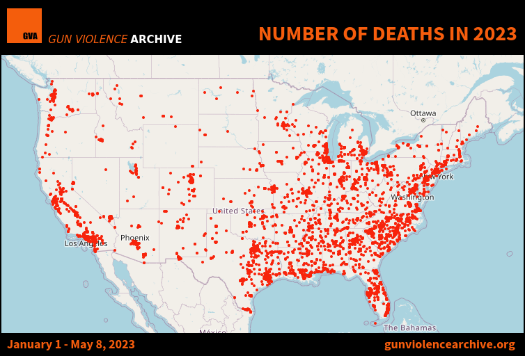 A map of the United States showing the locations of gun violence deaths