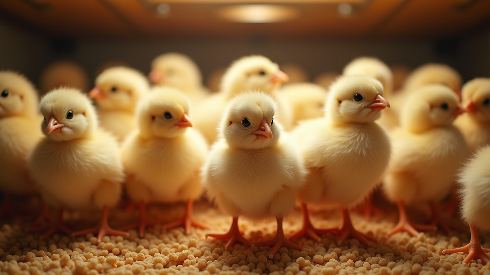Eye-level view of a brooder with fluffy newly hatched chicks