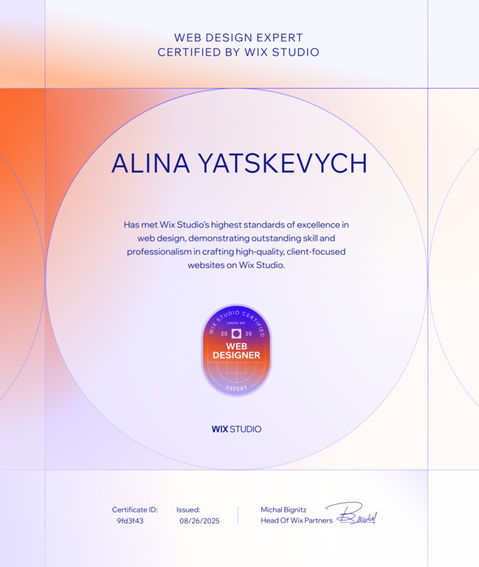 Alina Yatskevych: Web Design Expert Certificate by Wix Studio