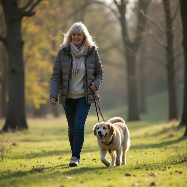 Woman walking Golden Retriever in autumn park