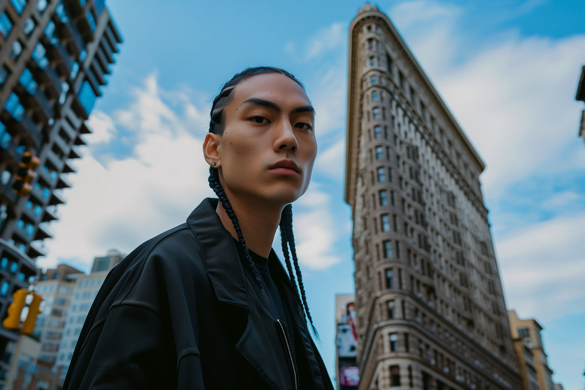 Man in black jacket, Flatiron Building background