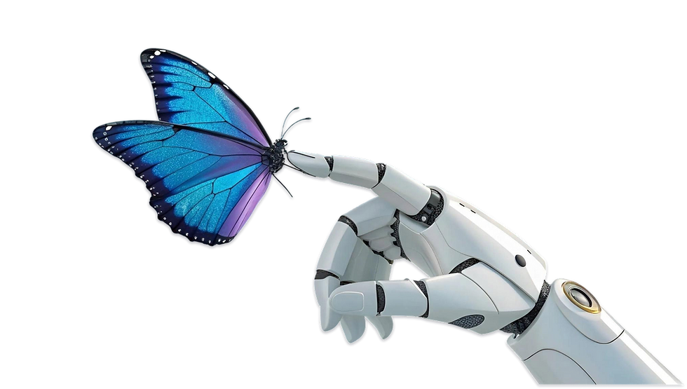 Robotic hand gently holding a blue butterfly