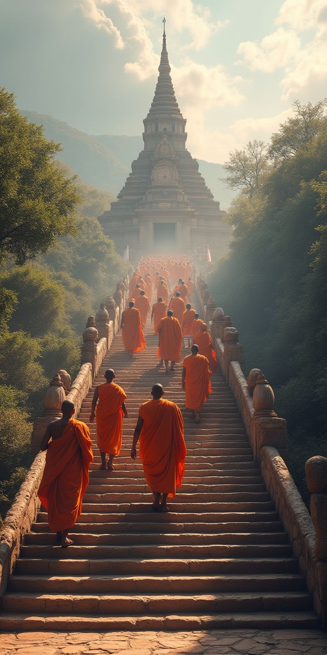 Pilgrims walking up temple steps