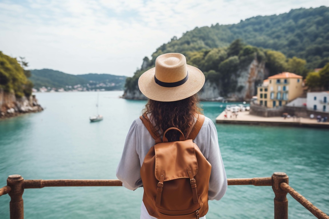 Woman with hat and backpack overlooking beautiful turquoise water and mountains.