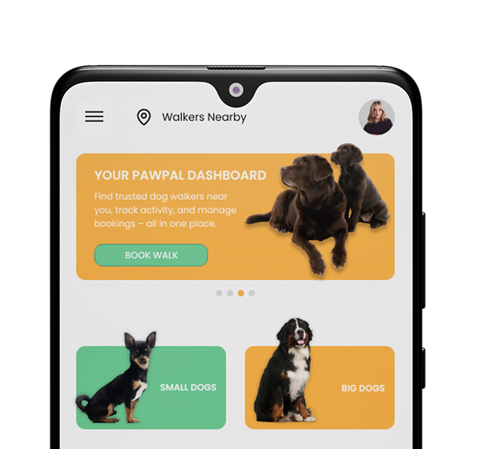 Mobile app showcasing dog profiles, breed selection, and account settings