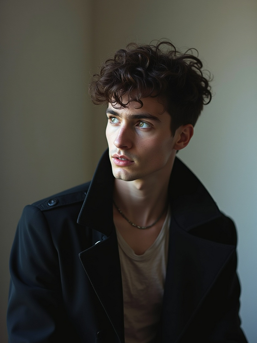 Portrait of young man in black coat